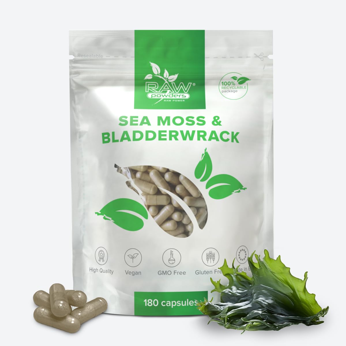 Irish Sea Moss Kapseln mit Blasentang – 180 vegane Kapseln – Nährstoffreiches Superfood – 45–60 Tage Vorrat – Ohne Zusatzstoffe – Hergestellt in der EU – RAW Powders