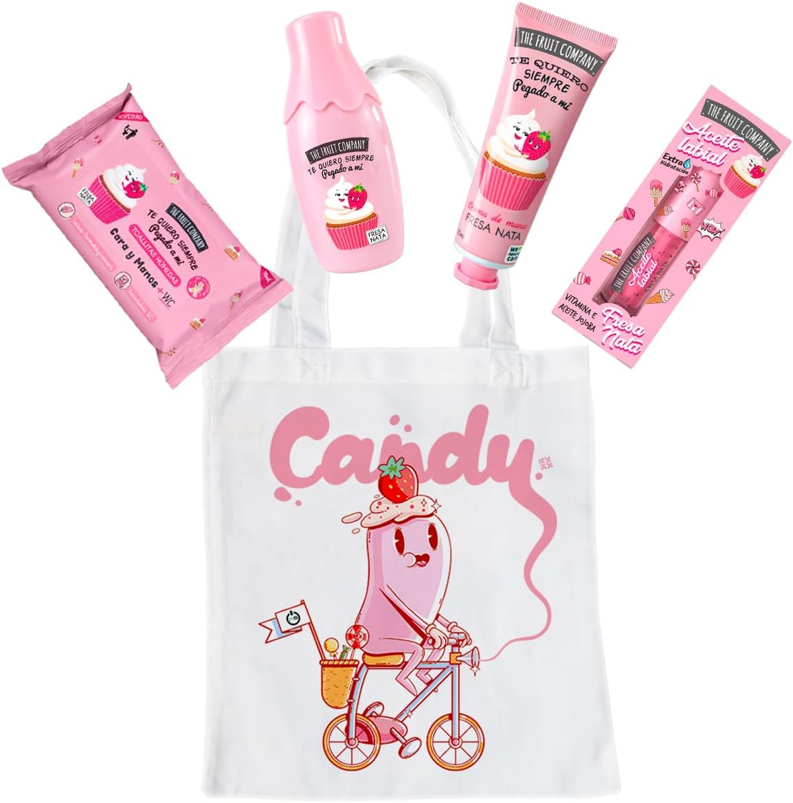The Fruit Company MSO Exclusieve cadeauset met aardbeien en room, inclusief tote bag design, lippenolie, handcrème, eau de toilette, vochtige doekjes