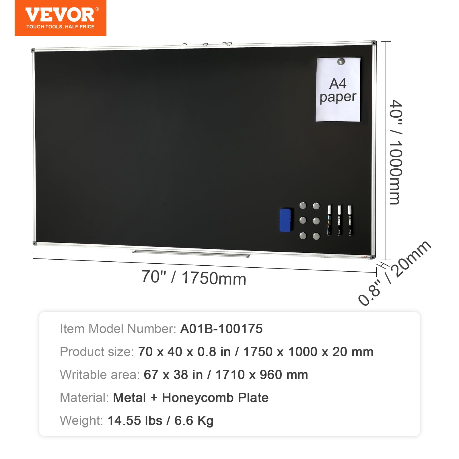 VEVOR Pizarra Magnética 175x100cm Pizarra de borrado en seco Marco de aluminio resistente Fácil montaje en pared con 3 rotuladores 1 borrador 6 imanes para presentaciones Trabajo Oficina Hogar Escuela