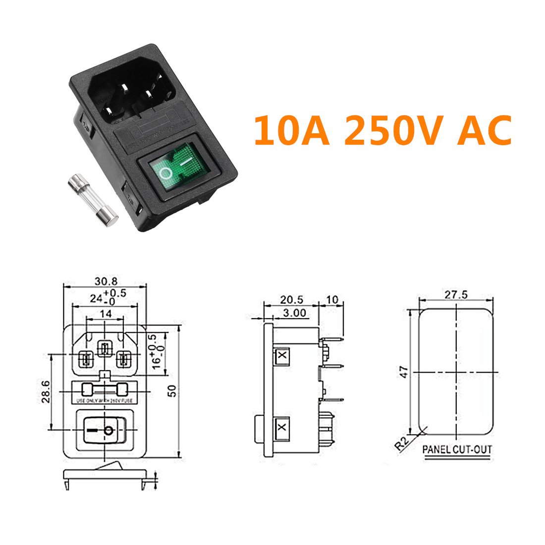 IEC320 C14 Power Socket With Switch - 2 Pack AC 250V 10A Inlet Module With Fuse