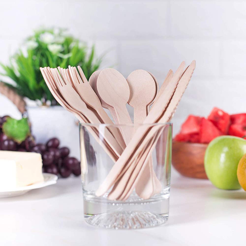 Holzbesteck Set – 240 Teile (90 Gabeln, 90 Löffel, 60 Messer) Aus Birkenholz, Kompostierbar