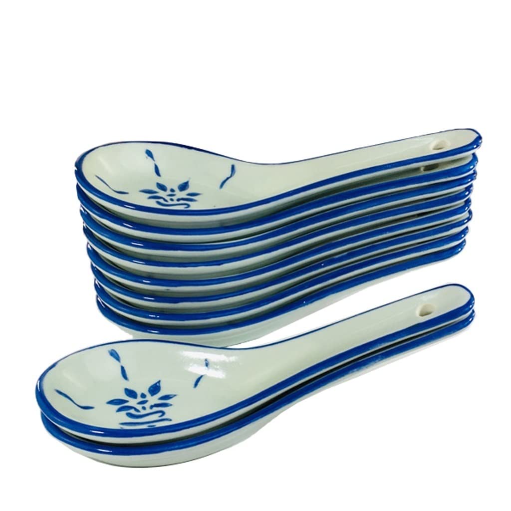 Cucharas soperas Chinas, cucharas de cerámica, cucharas soperas, cucharas para Aperitivos, Juego de 12 cucharas para Servir, patrón Azul, largas (5.1 Pulgadas)