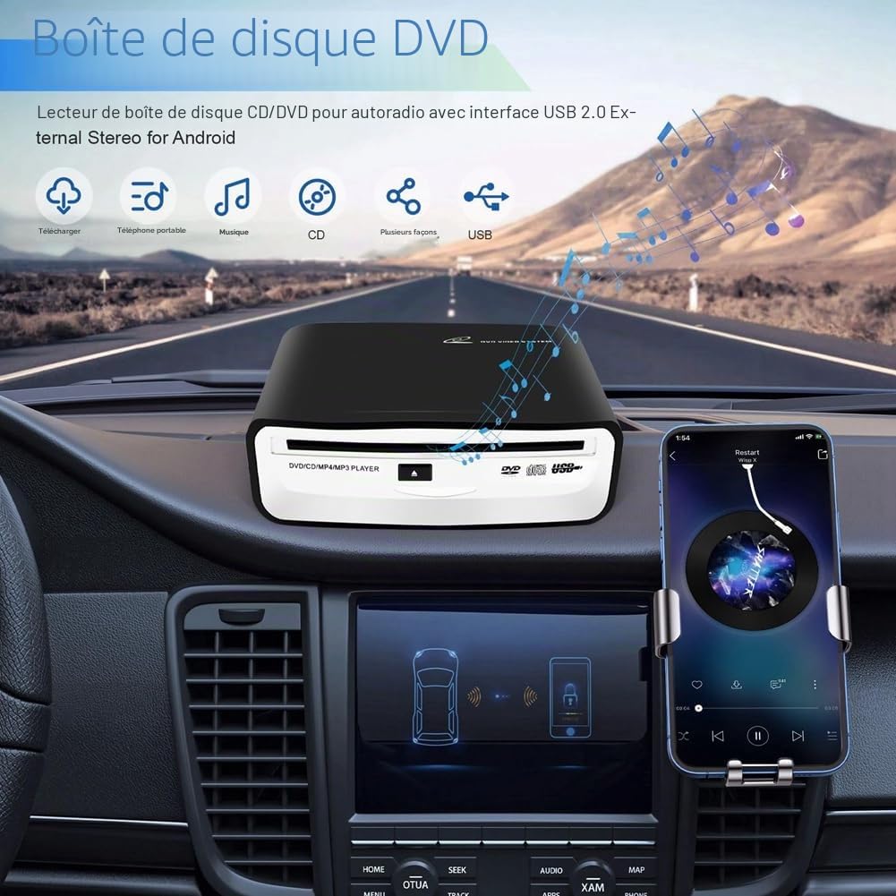Lecteur CD Externe Portable Universel pour Voiture, Se Branche sur Le Port USB de la Voiture, Ordinateur Portable, Téléviseur pour Android 4.0 et Supérieur Navigation