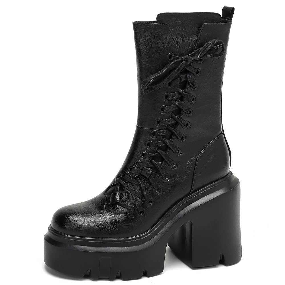 Genuine Leather Lace Up Platform Winter Knight Boots 12 CM Block Heel Short Plush Zipper Fashion Retro Slim