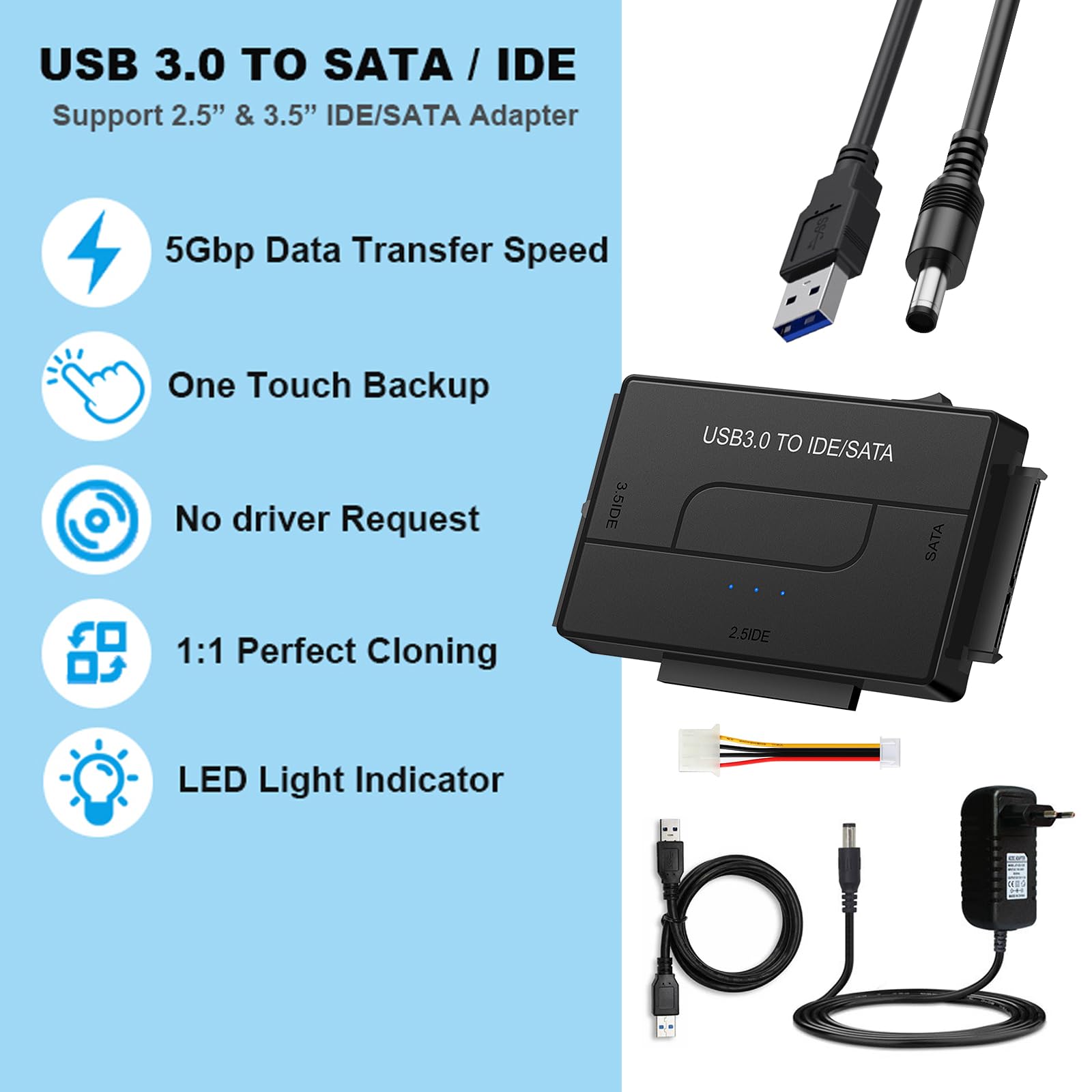 Adattatore USB 3.0 a SATA IDE da USB 3.0 a IDE/SATA per dischi rigidi SATA da 2,5/3,5 pollici, adattatore per disco rigido esterno con cavo USB, cavo SATA e alimentatore da 12 V/2 A