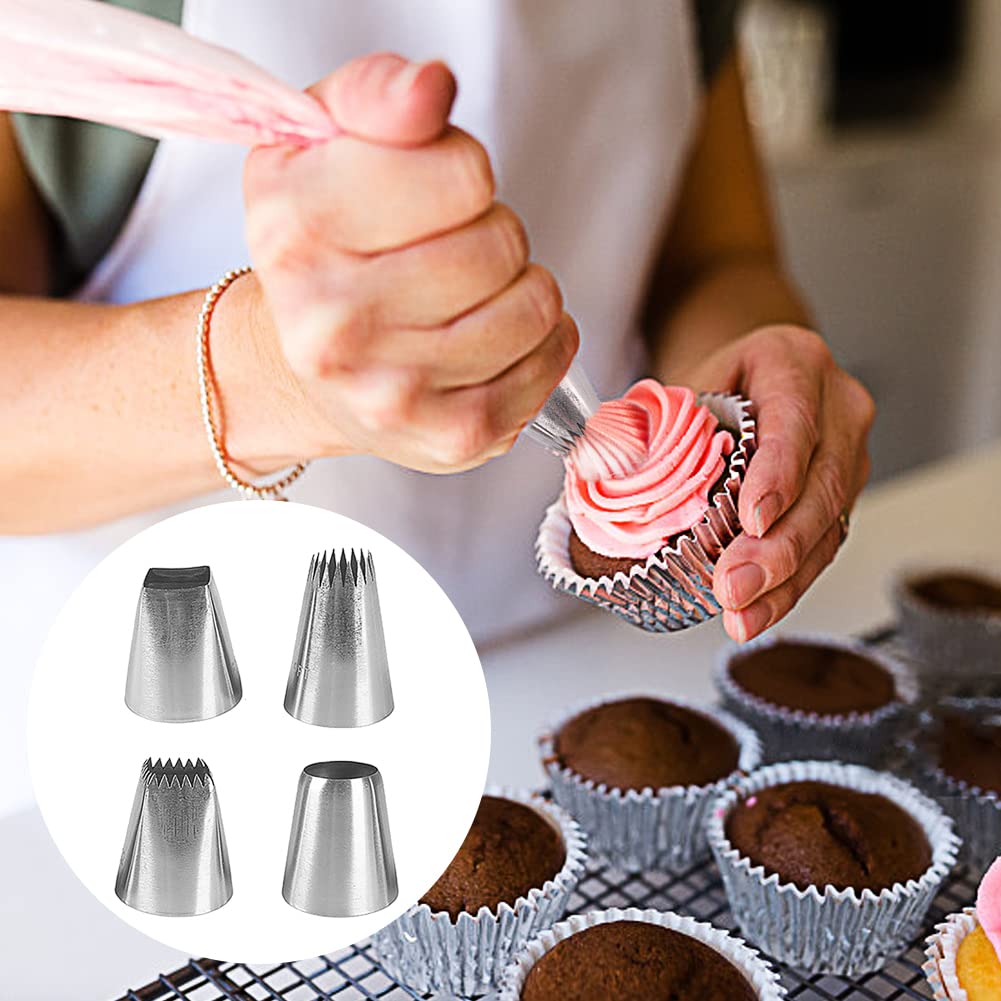 4-teiliges Spritztüllen-Set Extra Groß Aus Edelstahl - Mit 10 Einweg-Spritzbeuteln, Für Kuchen & Cupcakes