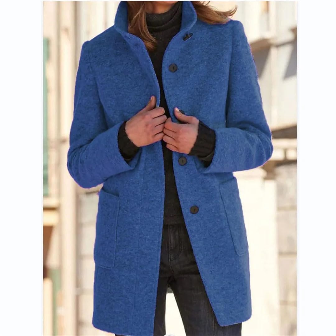 Damen Mantel Einfarbig Knopf Stehkragen Wollmantel Modische Frauen Windjacke Lässiger Dicker Mantel
