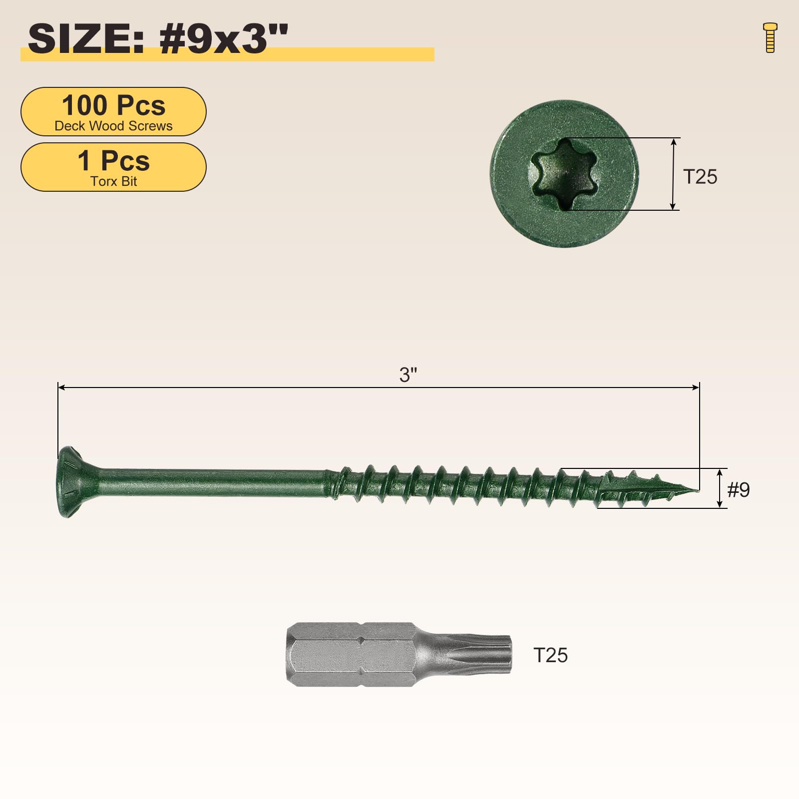 METALLIXITY Deck Screws (#9x3") 100Pcs, Carbon Steel Wood Screw Decking Screws Epoxy Coated with T25 Torx Drive Head - Image 2
