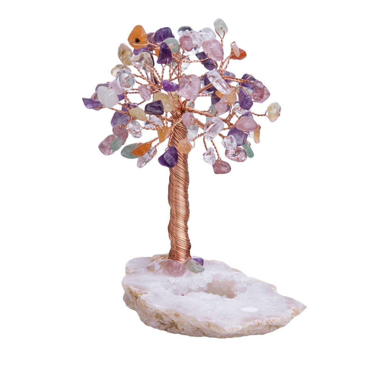 KYEYGWO Décoration Arbre de Vie en Pierre d'Énergie avec Boîte Noire, FengShui Figurine sur Base en Agate Naturelle Geode Quartz pour Reiki Chakra Guérison Fortune Richesse, 7 Chakras