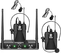 D Debra Audio AU200 Pro UHF Sistema de microfone sem fio de 2 canais com fones de ouvido de lapela sem fio, receptor de metal, para festa de karaokê na igreja (2 bodypack)