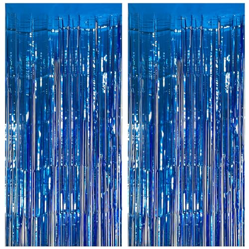 2 Pack Blue Party Decorations Ocean Party Decor Supplies Blue Party Streamers Birthday Decorations Tinsel Foil Fringe Curtains Photo Booth Props Celebration Party Decorations