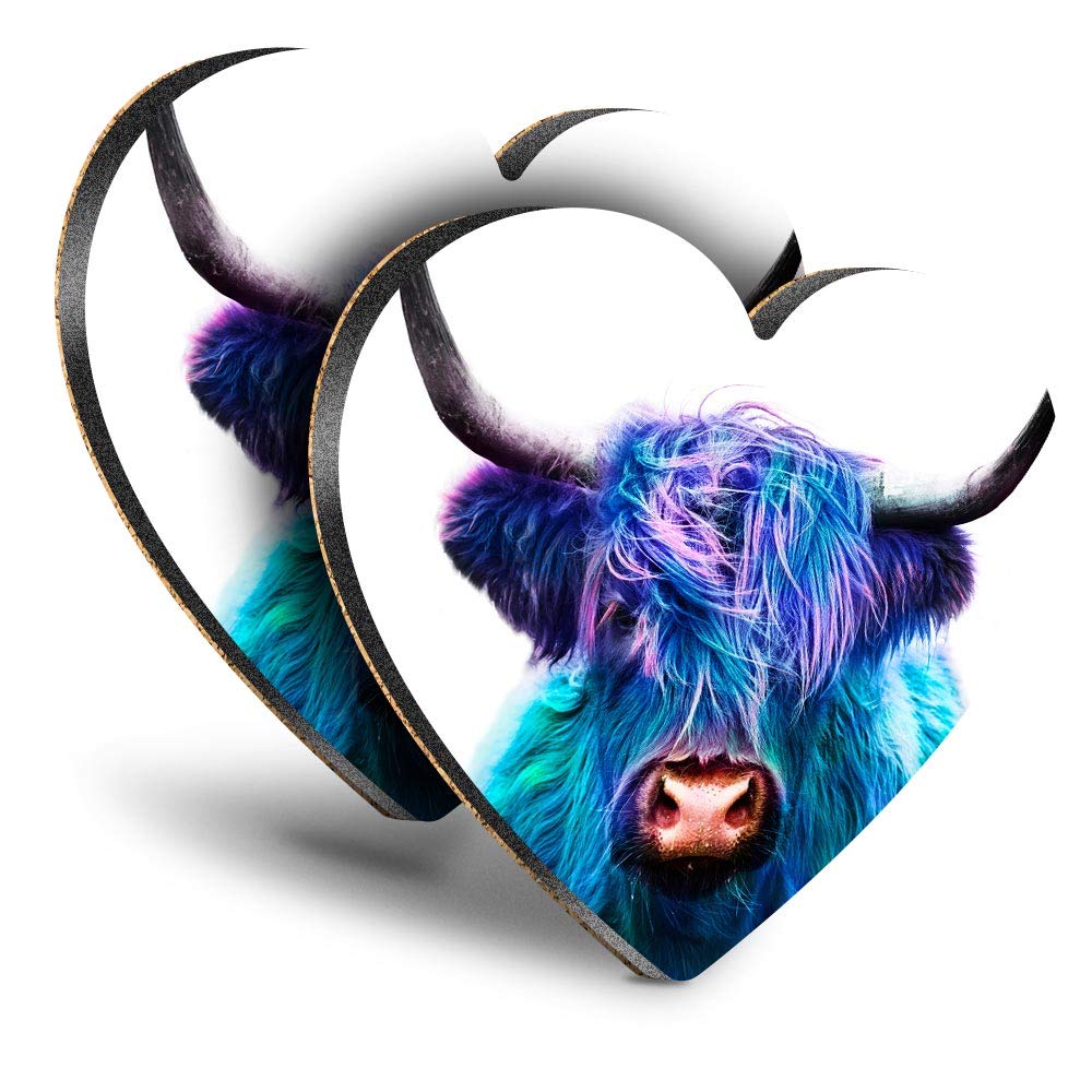 Destination Vinyl ltd Great Coasters (Set of 2) Heart - Blue Pop Art Highland Cow Animal Drink Glossy Coasters/Tabletop Protection for Any Table Type #21683