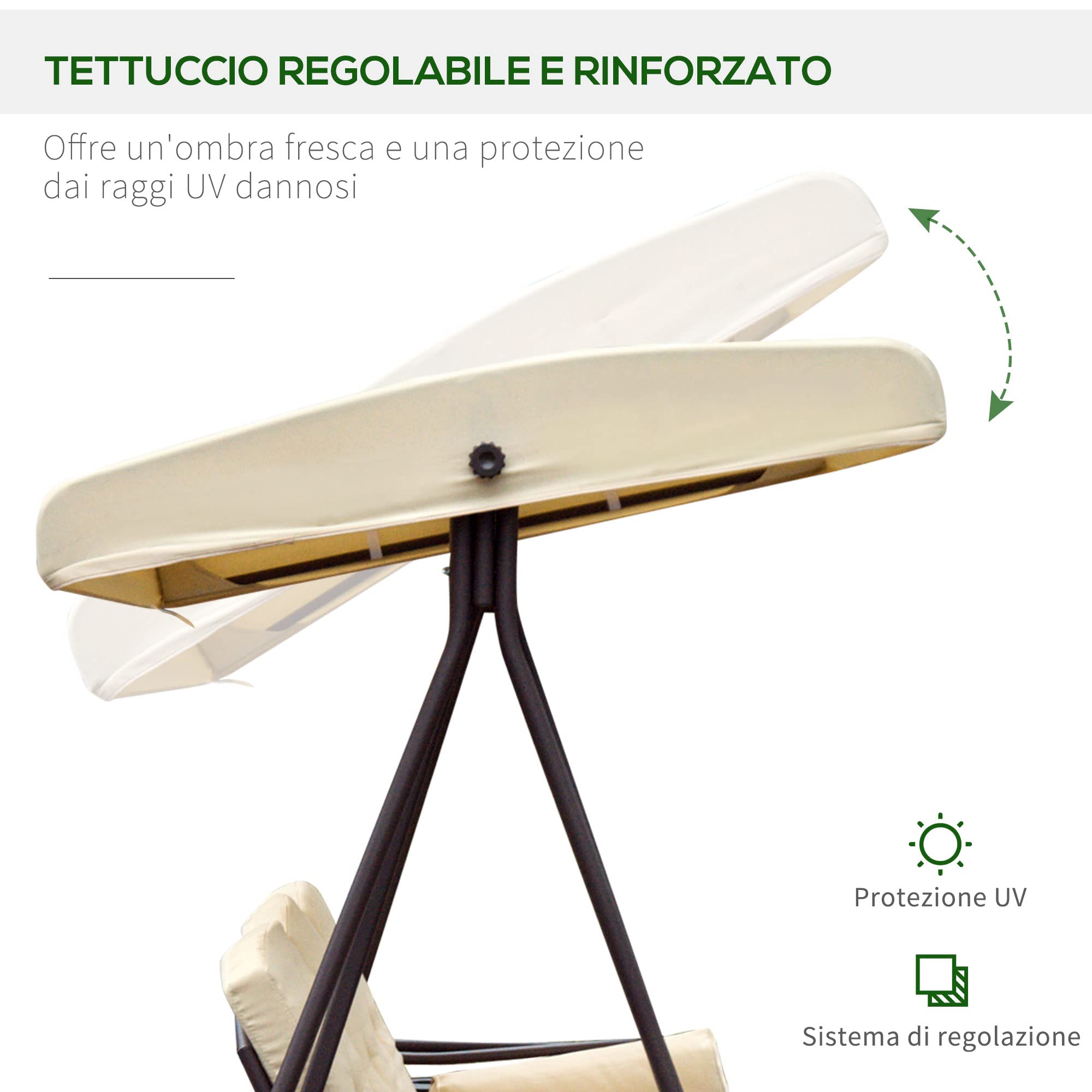 Outsunny Dondolo da Giardino 3 Posti in Metallo con Tetto Inclinabile e Cuscini Imbottiti 280x120x172cm, Beige