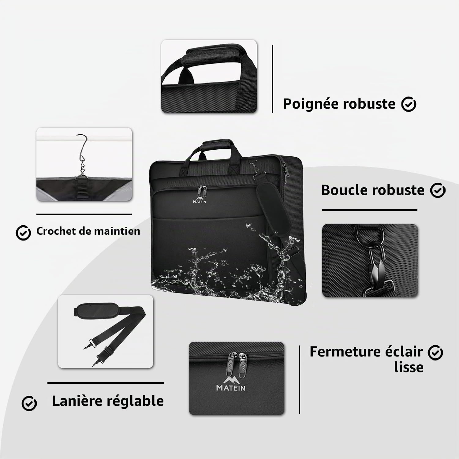 MATEIN Housse Sac à Vêtements de Voyage, Garment Bag avec Sangles Hommes Femmes Imperméable et Anti-Ride, Sac à Vêtements Accrochant pour Voyages d'Affaires Pour 3 costumes, Robes, Manteaux, Noir