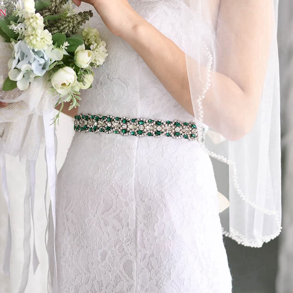 S466 Bridal Dress Belts Emerald Green Rhinstone Sash Women Wedding  Accessories Bridesmaid Gown Decoration Ribbon-Dark Green Ribbon :  Amazon.co.uk: Fashion