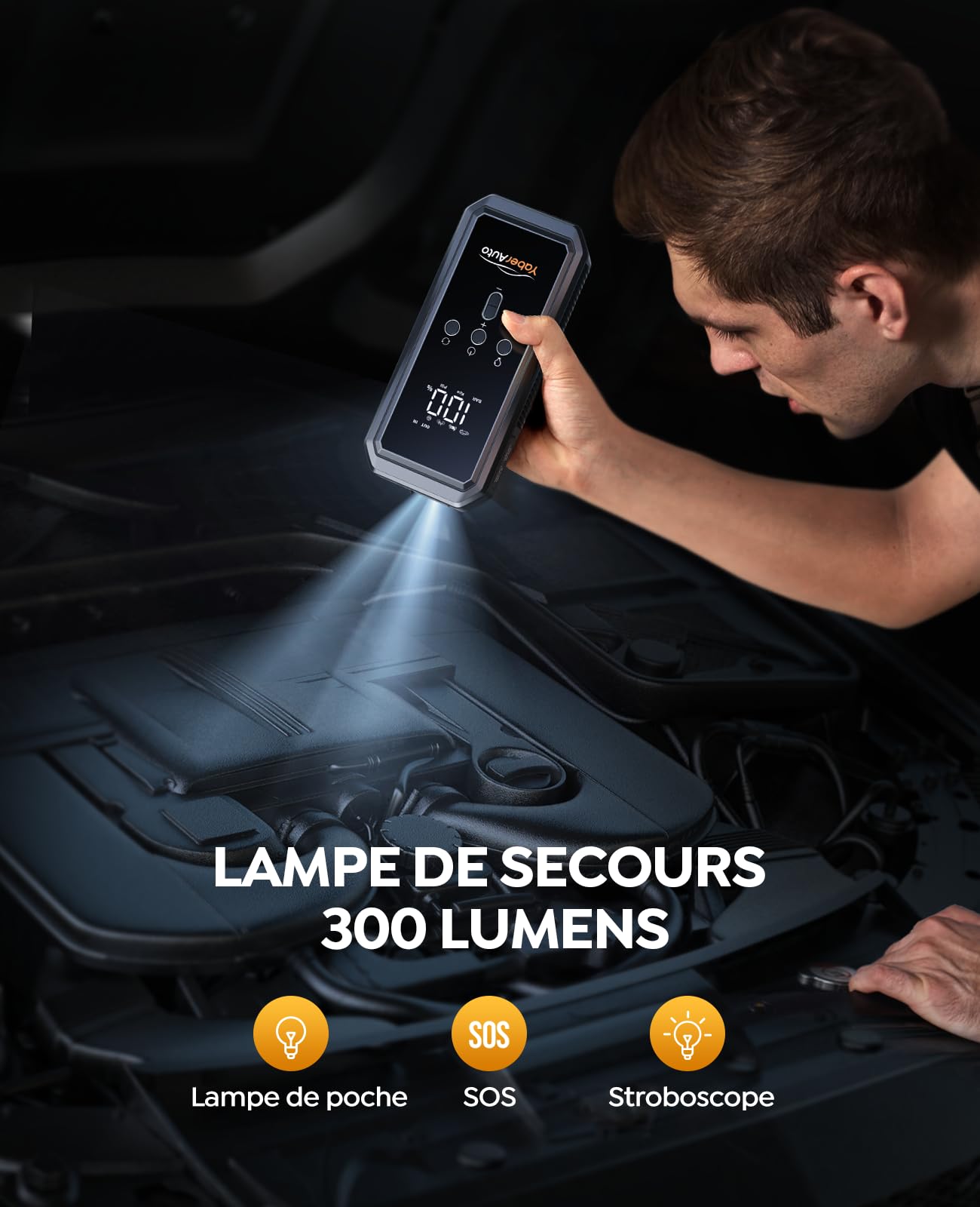 YaberAuto Booster Batterie Voiture avec Compresseur 5000A 150 PSI Booster Batterie Moto/Auto (Jusqu’à 9,0L Gaz ou 8,0 L Diesel) 12V Demarreur Batterie Voiture avec Gonfleur,Grand Écran LED,Lamp LED