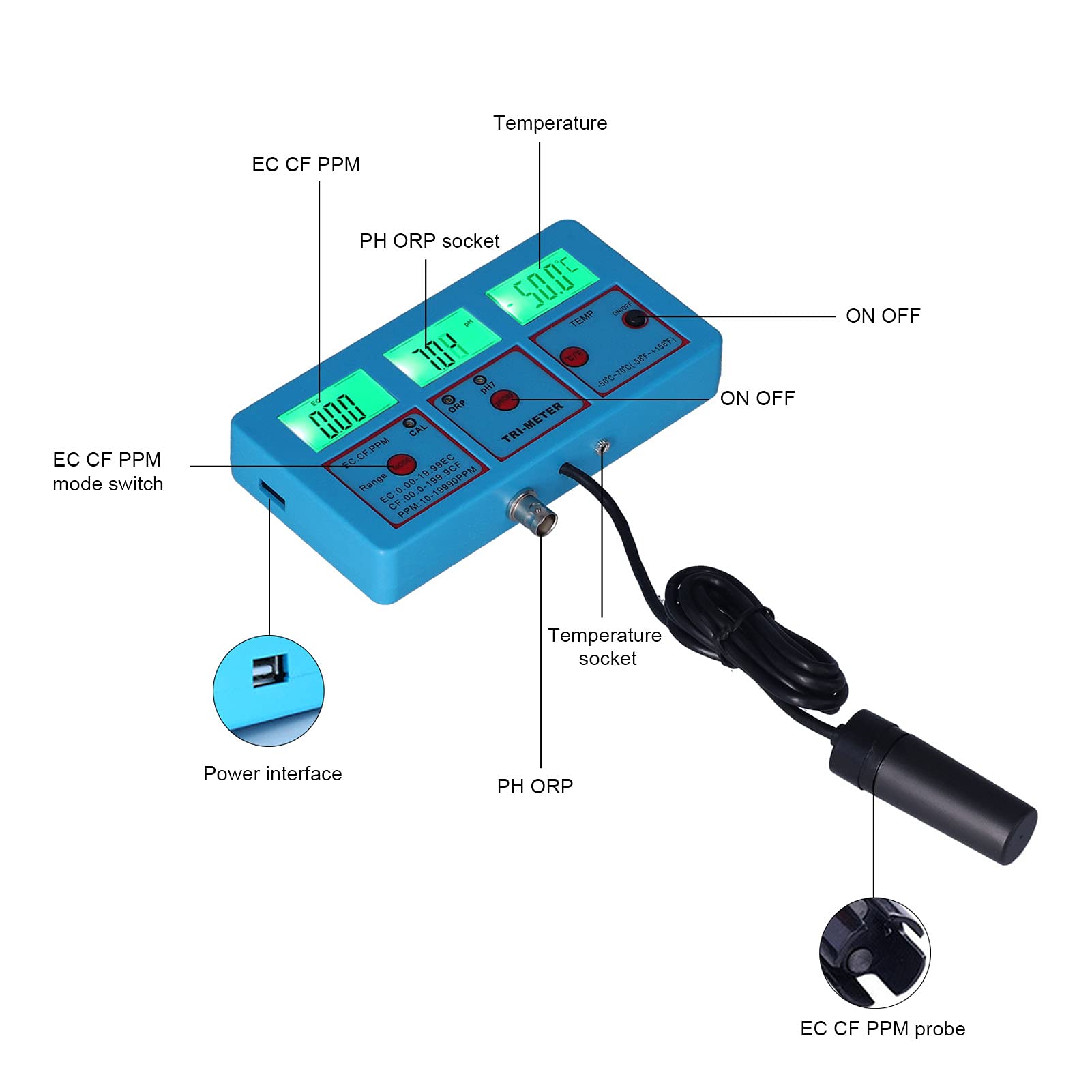 Alvinlite Tester della qualità dell'Acqua, Monitor della qualità dell'Acqua multiparametro Display LCD retroilluminato ORP PH EC TDS CF Temp Tester(EU 220V)