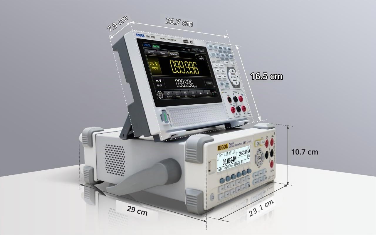RIGOL DM858 Multímetro digital portátil, TRMS de 5½ bits, precisión DCV del 0,03%, velocidad de lectura de 125 lecturas/s, pantalla táctil a color de 7 pulgadas