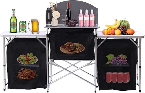 DNYSYSJ Mesa de cocina plegable para acampar con almacenamiento mesa de cocina portátil para exteriores con parabrisas de aluminio mesa de