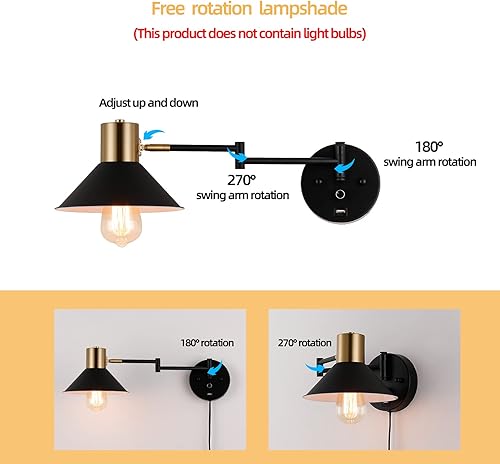 Miniatura 3 de Lámpara de pared con brazo oscilante, apliques de pared con enchufe ajustable, luz de lectura industrial vintage, luz de montaje en pared con