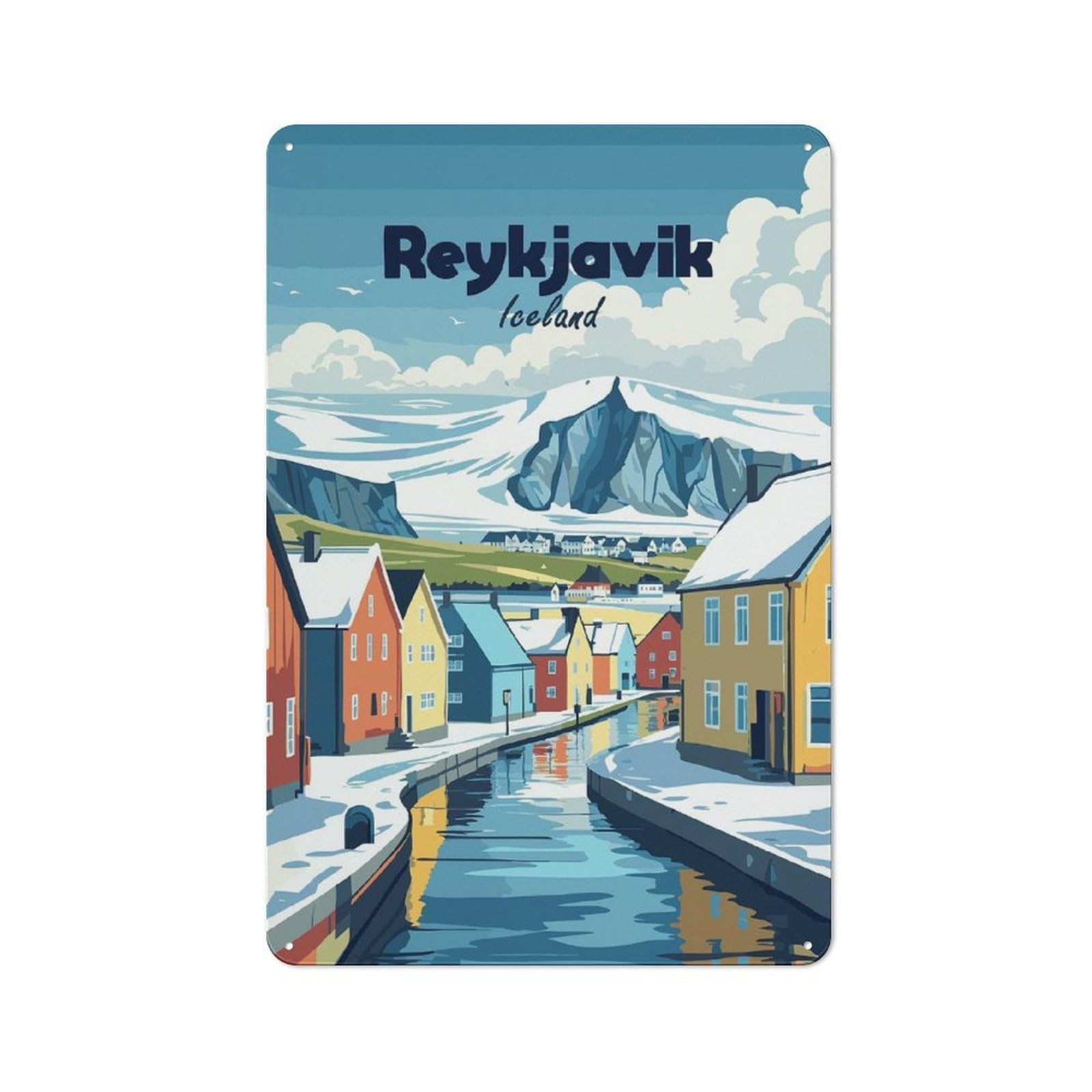 Junmoney Reykjavik Iceland Winter Landscape Illustrati On Country Vintage Metal Wall Decor 30X20cm, Decorative Tin Sign For Cottage, Kitchen, Hallway Or Breakfast Nook