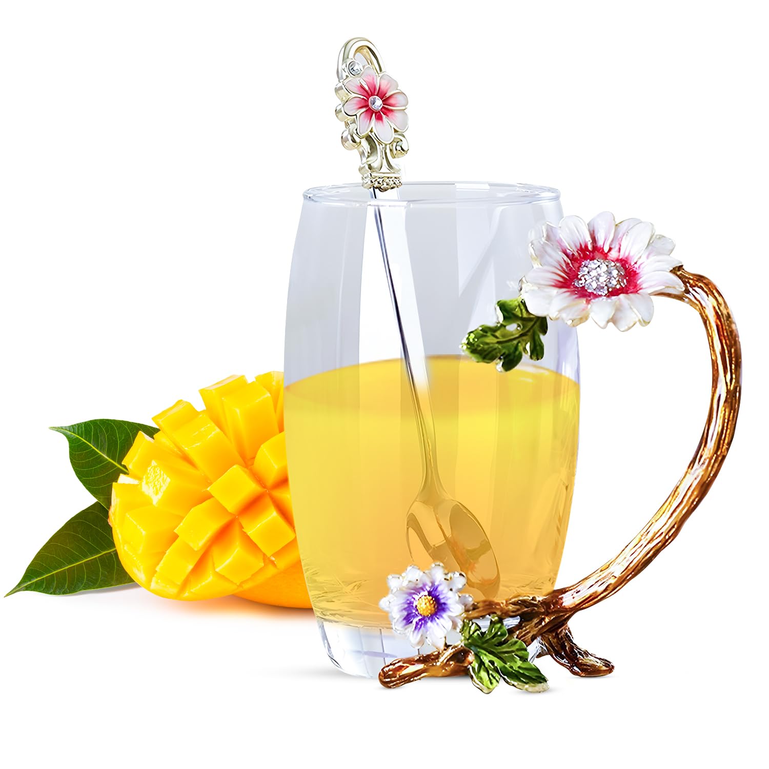 The Pure Embrace Flower Glass Tea/Coffee Cup, Gift for Mom, Birthday Gift for Women, Lead-Free Enamel Glass with Spoon & Lid