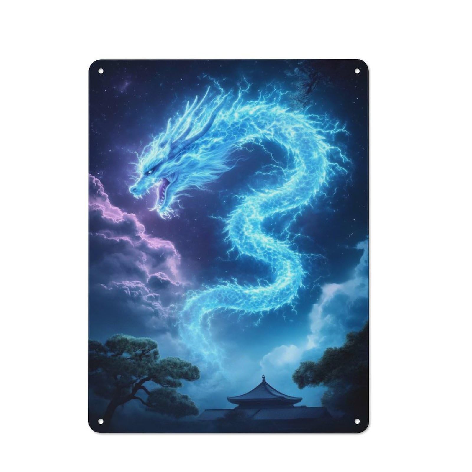 Junmoney Style-20 Tin Wall Plaque 40X30cm With Blue Dragon In The Sky For Hobby Room Or Studio, For Themed Interiors In Hobby Rooms And Studios