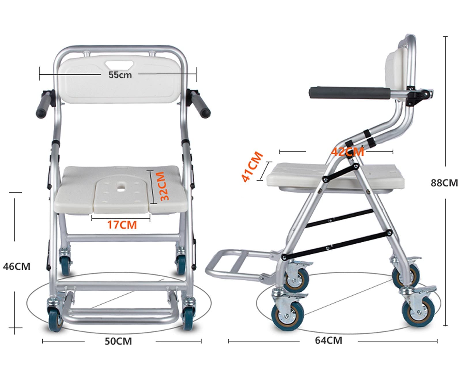 Taburete de Baño Silla para Ducha para Personas Mayores con Ruedas, Asiento para Ducha Plegable con Reposabrazos y Respaldo - Apertura en Forma de U, Carga 150KG