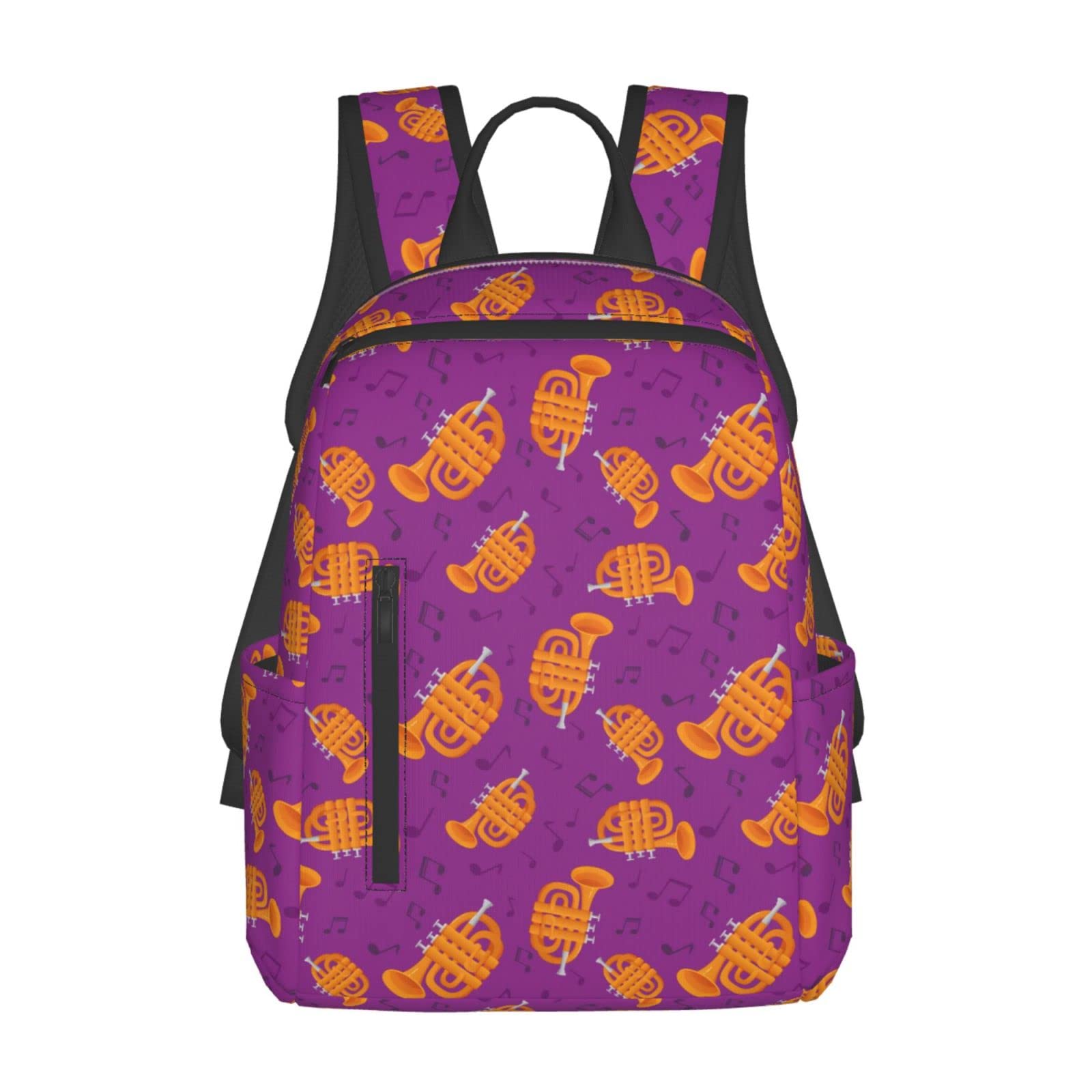 Rqzwdq Golden Trombones Of Music Notes Pattern Backpack Bags Adjustable Casual Daypack Rucksack Travel Holder Bookbags For Women Men Adult 17 Inches