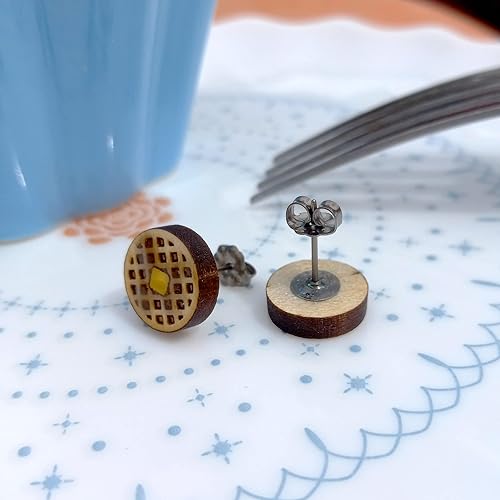 Miniatura 4 de Toaster Waffle Stud Earrings, Frozen Waffles with Butter and Syrup Brunch Food Diner Wood Studs Jewerly
