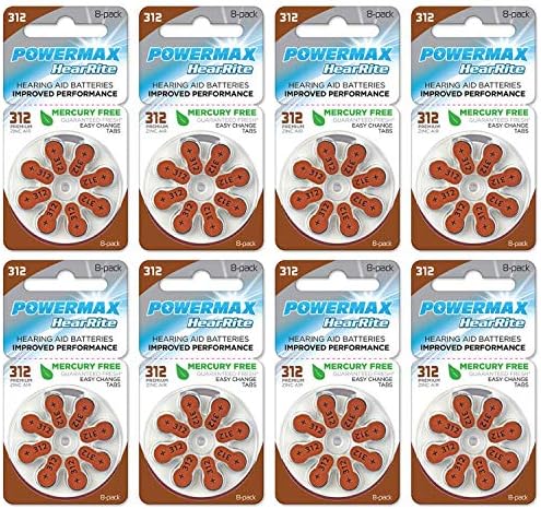Powermax Size 312 Hearing Aid Batteries, Made In USA, Brown Tab, 64 Count