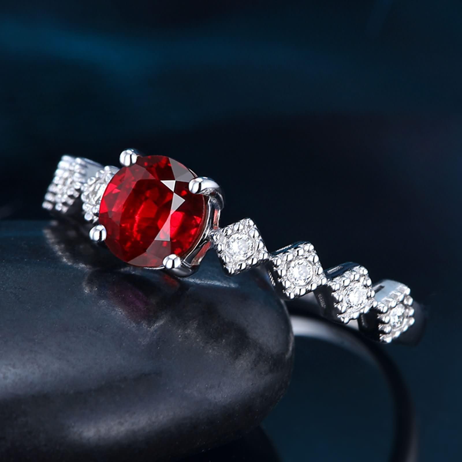 Anillos Alianza Oro Blanco 9 Kilates / 14 Kilates / 18 Kilates de Mujer, Rombo y Redondo con Rubí de 0,5ct y Diamante, Anillos de Alianzas Mujer Plata Rojo