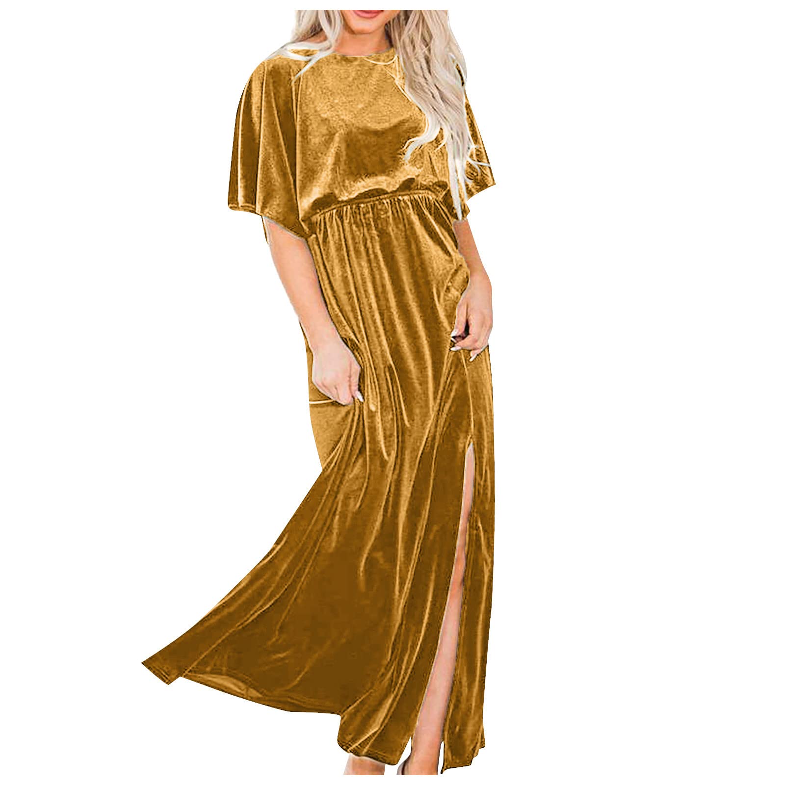 Womens Wedding Guest Dresses Sexy Gold Velvet Round Neck High - Main Image
