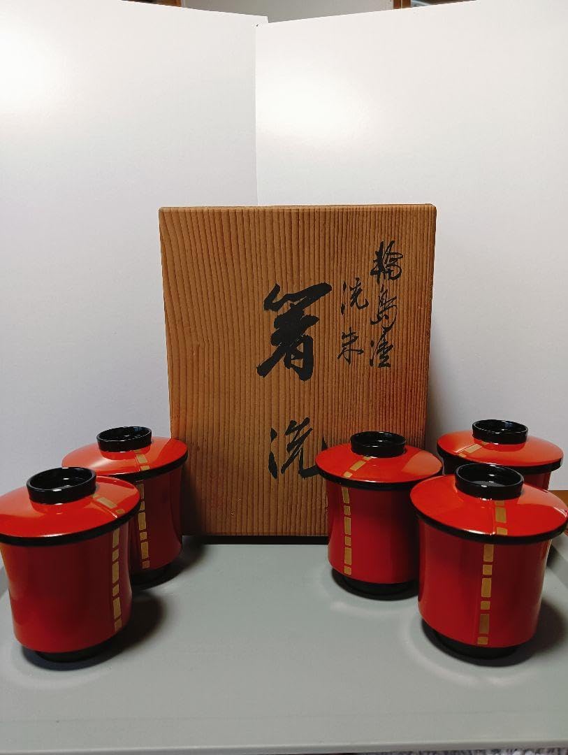 未使用 茶道具 輪島塗 金継 箸洗 五客 木製朱塗 内黒 小吸物椀 和食器共箱 未使用 茶道具 輪島塗 金継 箸洗 五客 木製朱塗 内黒 小