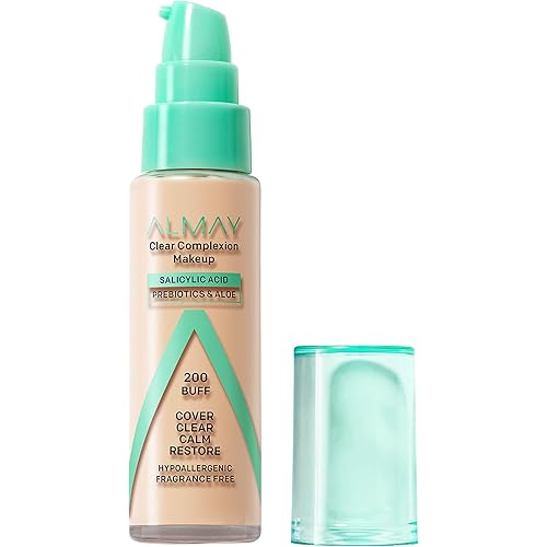 Almay Clear Complexion Acne Foundation Makeup with Salicylic Acid - Lightweight, Medium Coverage, Hypoallergenic, -Fragrance Free, for Sensitive Skin , 200 Buff, 1 fl oz.