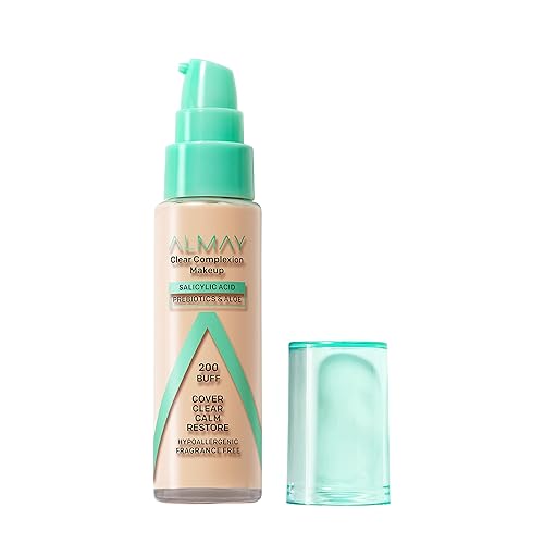 Almay Clear Complexion - Base de maquillaje para acné con ácido salicílico, ligero, cobertura media, hipoalergénico, sin fragancia, para pieles