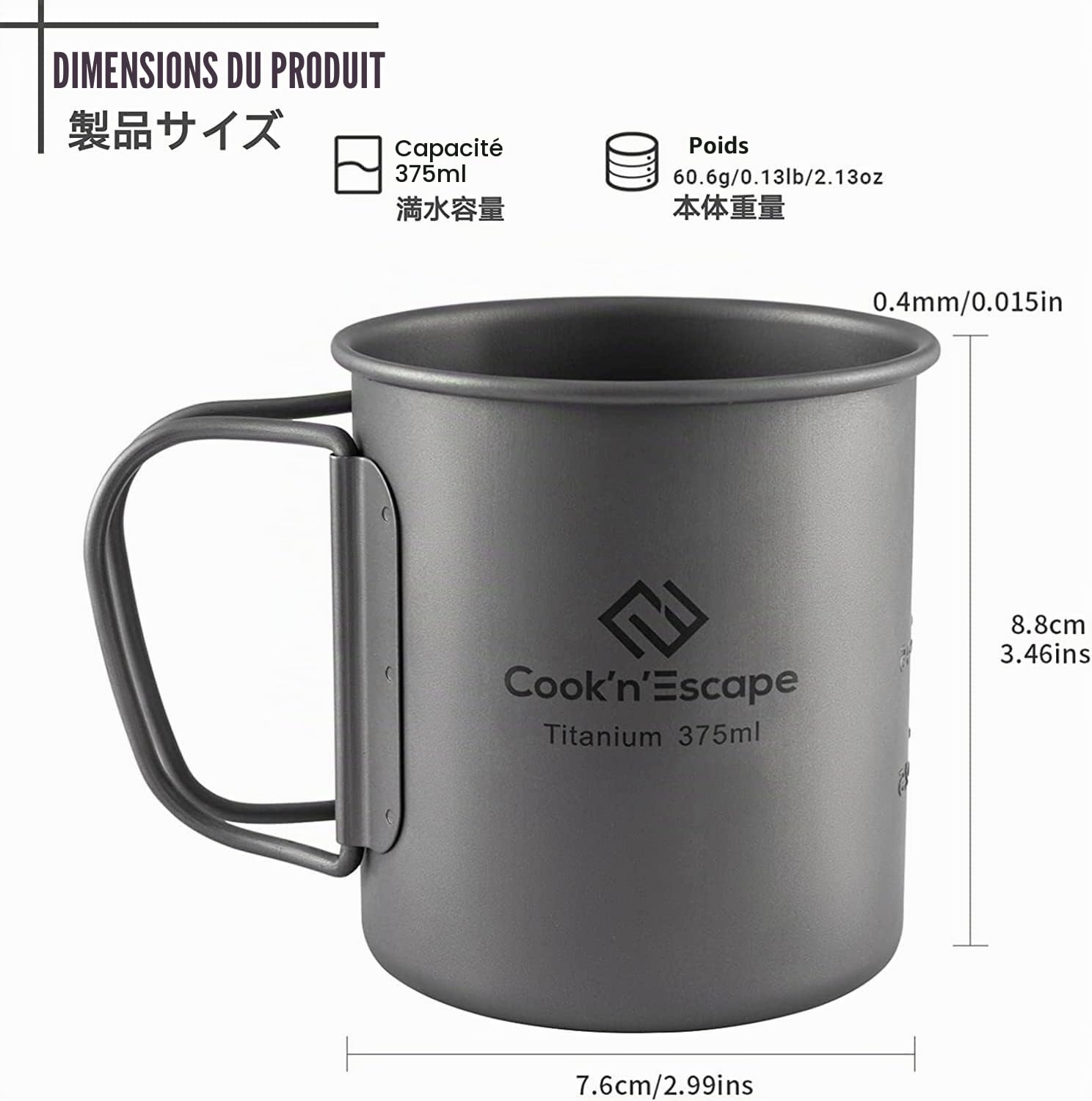 COOK'N'ESCAPE Tasse en Titane – Tasse de Camping Ultra-légère avec Couvercle et poignée Pliable, suspendable, Robuste et résistante à la Chaleur, idéale pour Camping, randonnée et Pique-Nique Outdoor