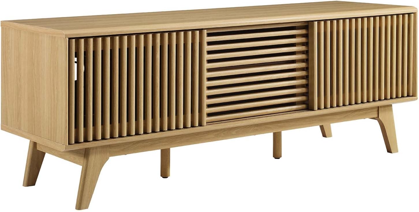 Oak 59" TV Stand with Slatted Sliding Doors