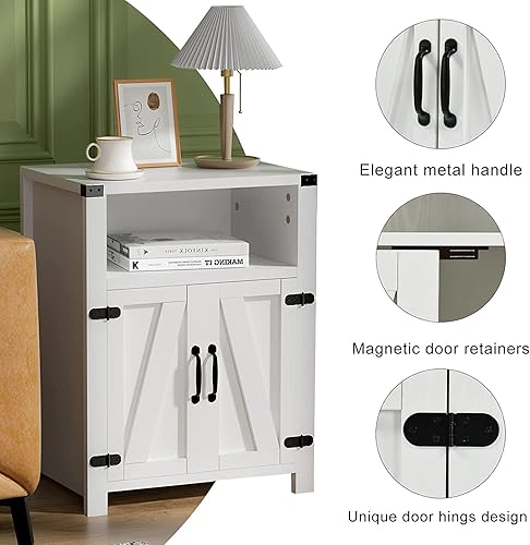 Miniatura 5 de Juego de 2 mesitas de noche blancas para dormitorio juego de 2 mesas auxiliares con estante abierto y puerta de granero mesas auxiliares modernas de