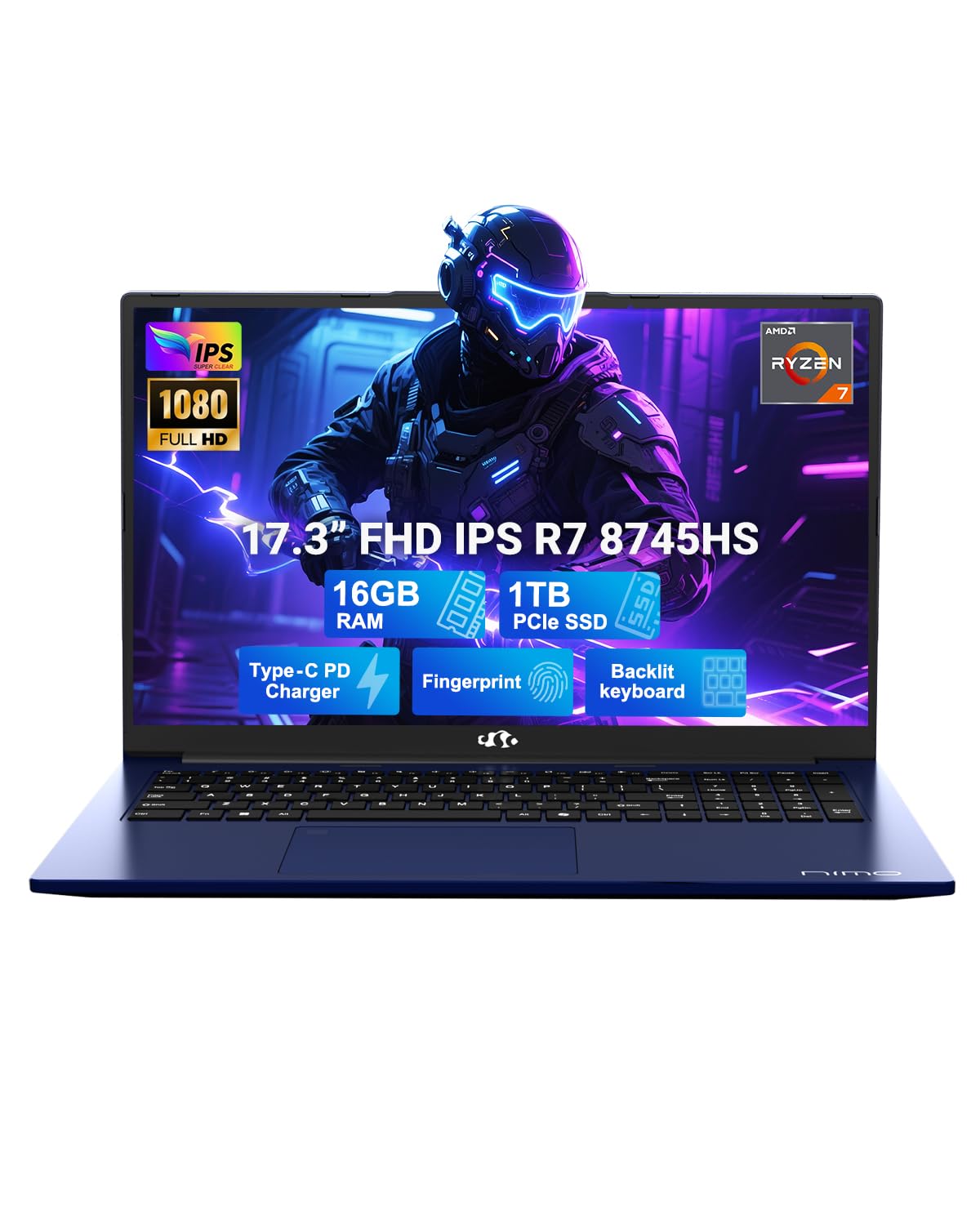 NIMO 17.3" Light-Gaming-Laptop, 8 Cores AMD Ryzen 7 8745HS 16GB DDR5 RAM 1TB SSD (Beat R9 6900HX, up to 4.9GHz) Radeon 780M GPU IPS FHD Computer with 100W Type-C Fingerprint, Backlit Keyboard