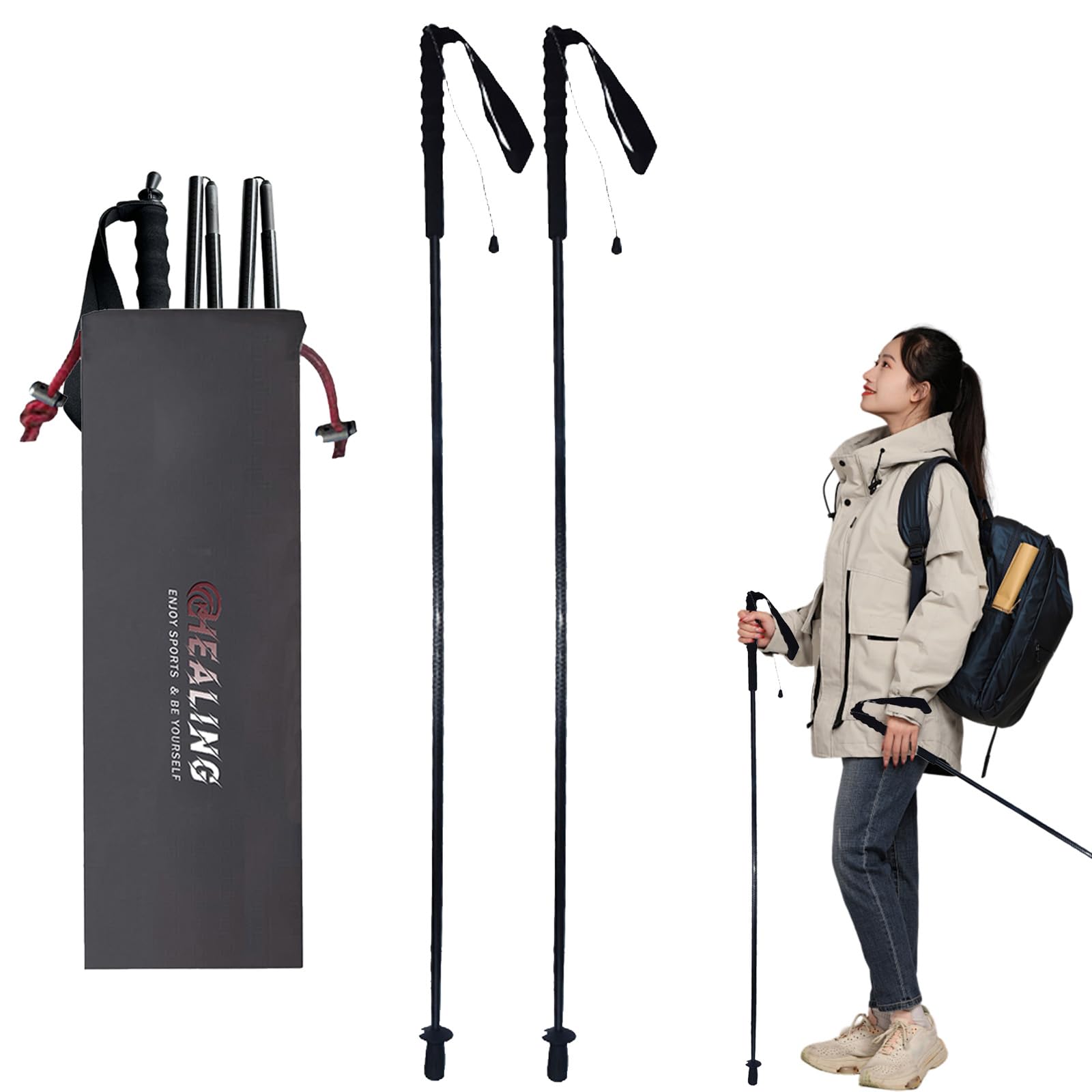 OKHEALING Bastoncini da trekking pieghevoli a 5 sezioni, leggeri e resistenti 1 paio, fibra di carbonio T800 ad alta resistenza, impugnatura dritta, adatti per escursioni, trekking e alpinismo