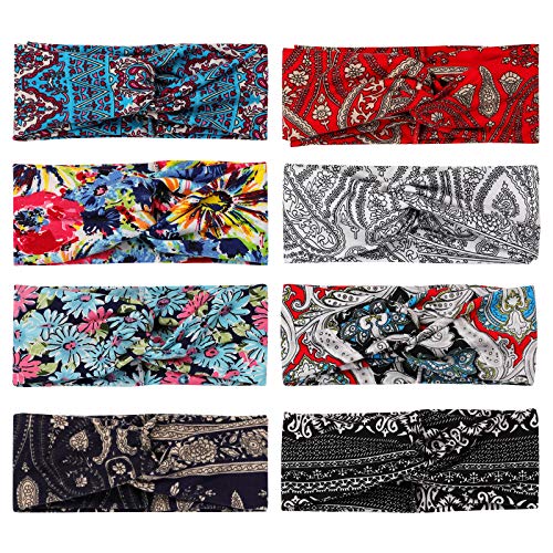 8 Pack Boho Headbands for Women Girls Fashion Hair Bands for Women's Hair Wide Bohemian Knotted Yoga Headband Head Wrap Criss Cross Hair Band Elastic Accessories (Color E)