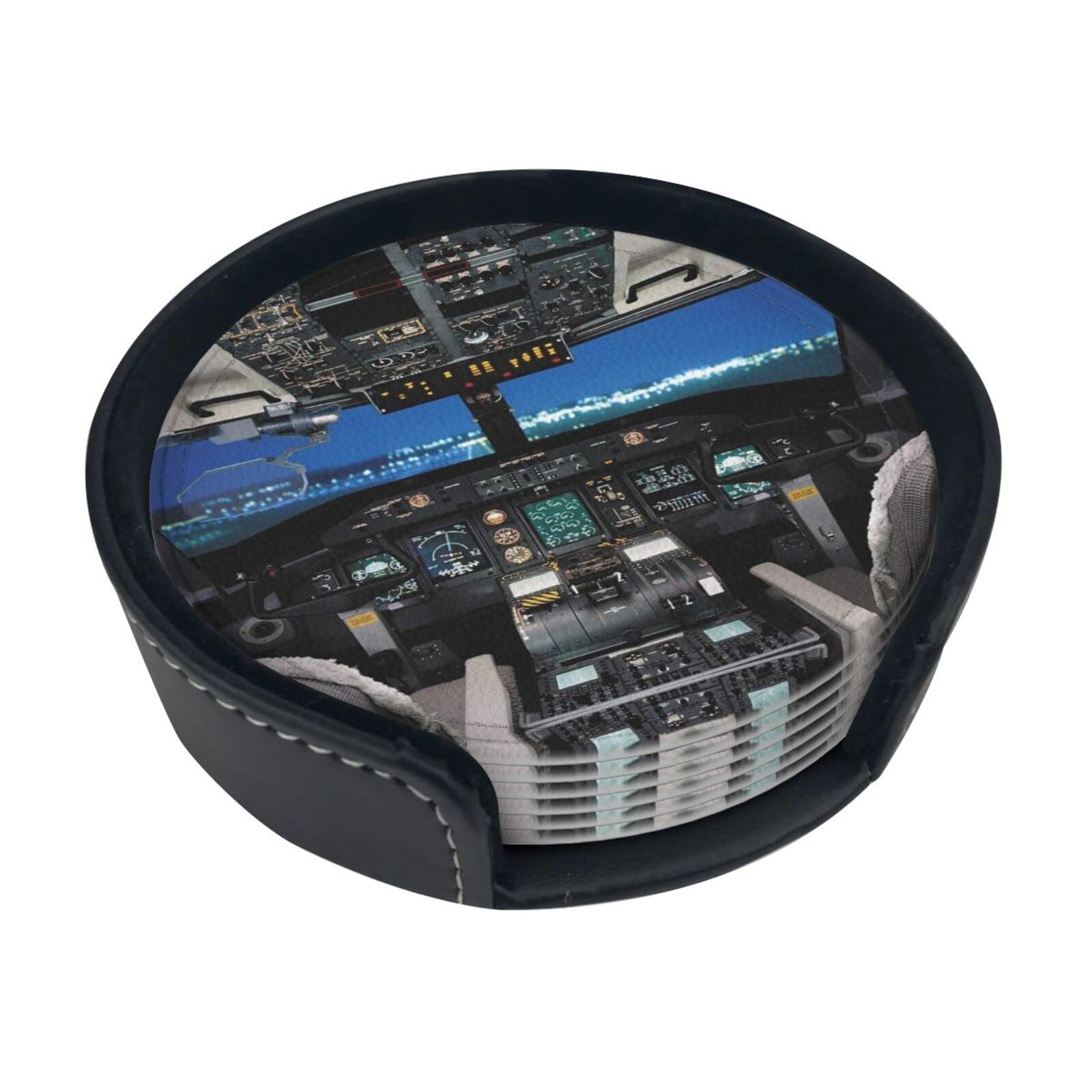 Coasters Set Of 6 Airplane Cockpit Print Leather Coasters For Drinks,Home Décor And Housewarming Gift