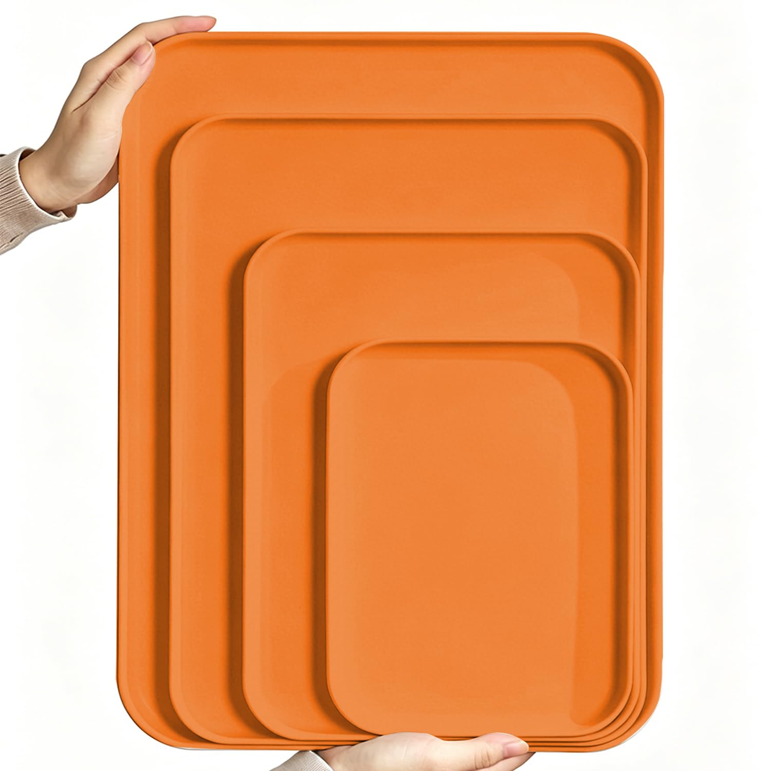 Rectangular Plastic Serving Trays,4 Packs Premium PP Food-Safe Platters Stackable Reusable Serving Trays for Kitchen Drinks Snacks Fruit Coffee Parties (Orange,XL-38 * 26.5CM)