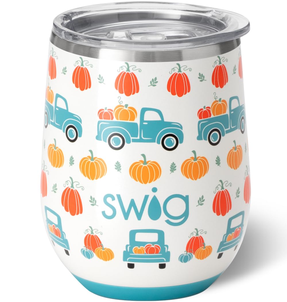 Swig Life 12oz Wine Tumbler with Lid, Stainless Steel, Dishwasher Safe, Portable, Triple Insulated Wine Tumbler (Pumpkin Patch)