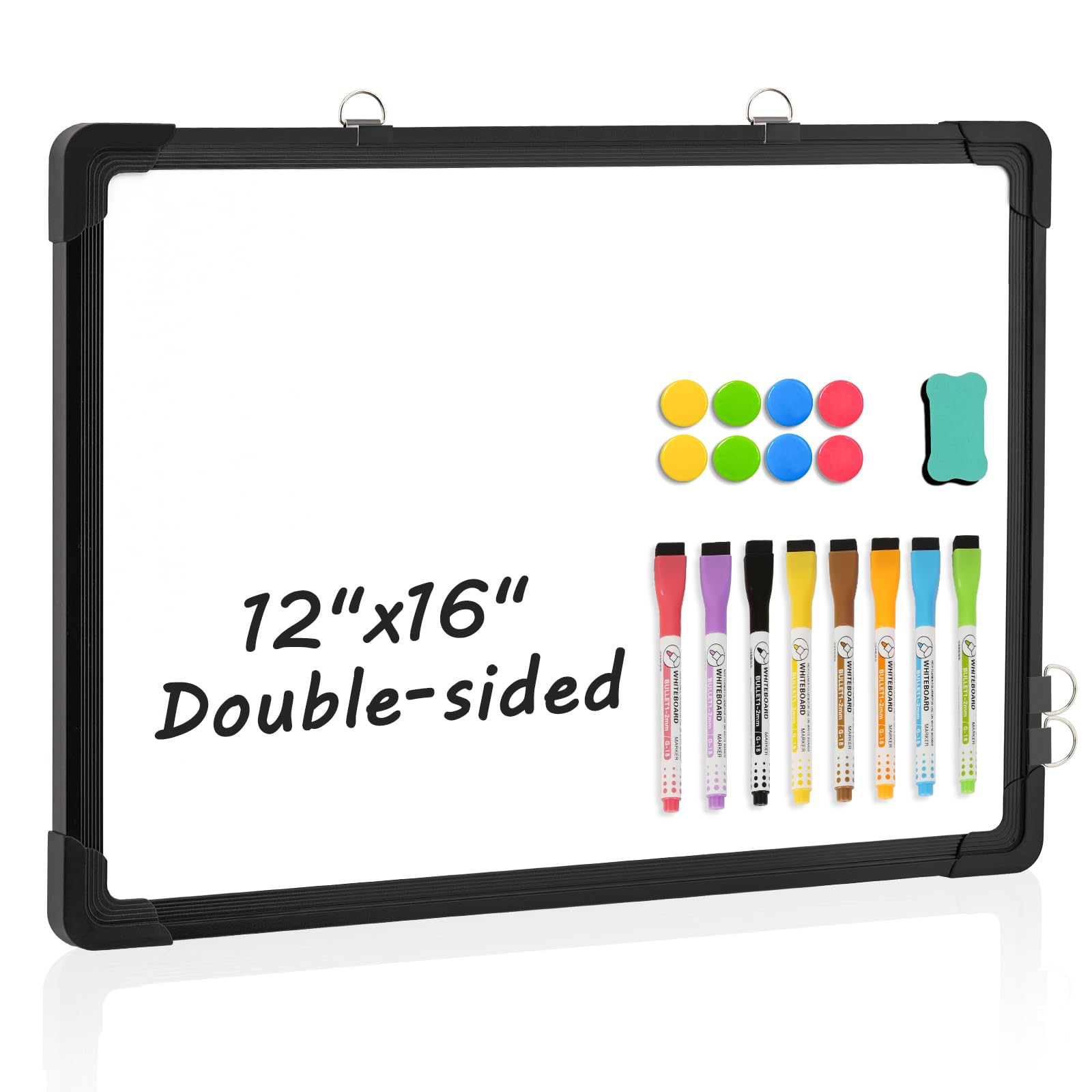 AMUSIGHT Double-Sided White Board, 12" x 16" Dry Erase Board Small Whiteboard for Wall Black Frame Portable Magnetic Hanging White Board Dry Erase for