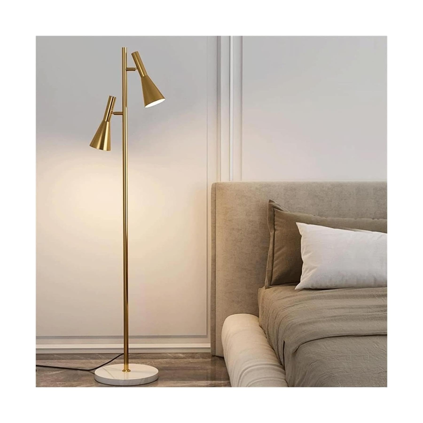 Unieke vloerlamp goudkleurige led hoogpolige lamp met 2 verstelbare ijzeren lampenkap hoge voetlamp stevige marmeren voet staande lamp
