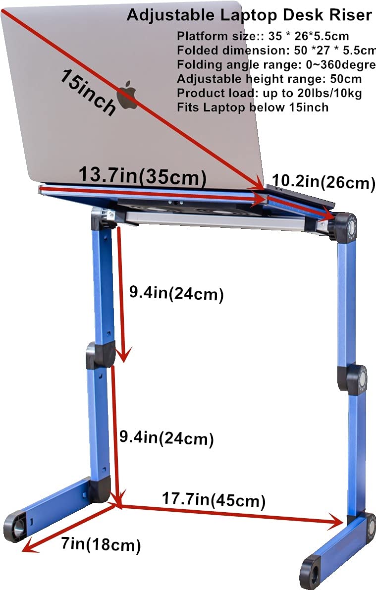Soporte portátil y Ajustable de Aluminio para portátiles, Notebooks y Macbooks con Ventiladores para CPU, de Peso Ultraligero, ergonómico, Bandeja para la Cama, posición parado o Sentado