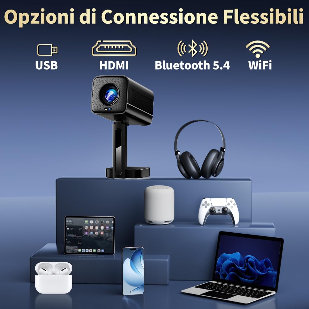 [2026 Upgraded & Apps Integrate] Proiettore 4K Support 1080P & Auto Focus/Keystone e Rotabile 90°, Mini Proiettore con WiFi 6 e Bluetooth 5.4 Compatibile con HDMI/TV Stick/Memory Stick/Laptop - Nero
