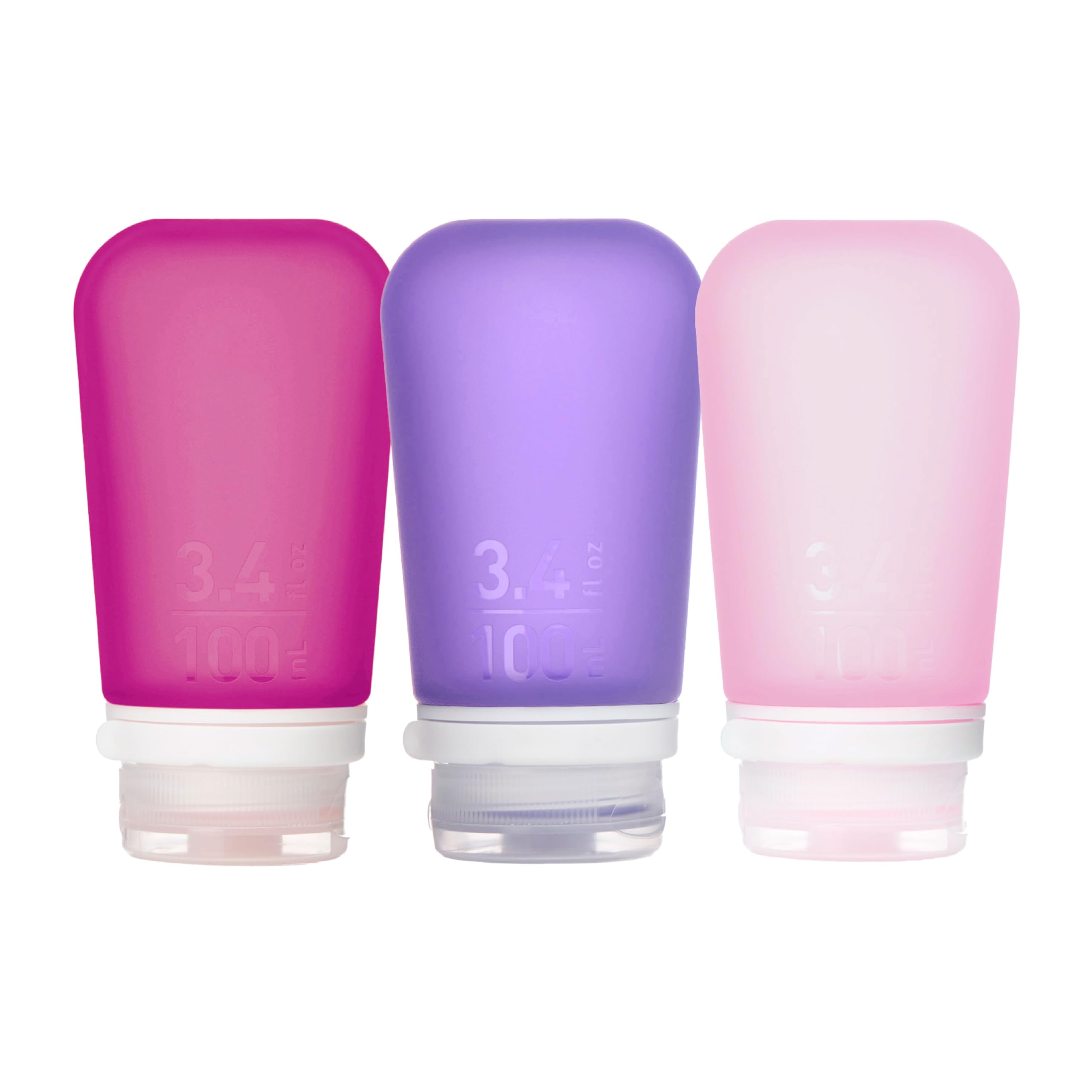 humangear GoToob+ Refillable Silicone Travel Size Bottles with Locking Cap, 3pk Set, Rose/Lilac/Magenta, Large (3.4 fl.oz; 100ml)
